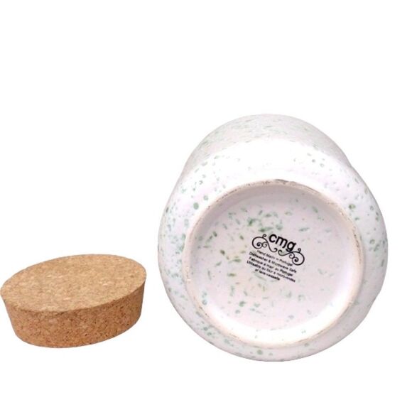 CMG Ceramic White Green Speckled Tapered Canister with Cork Lid Made in Portugal - Picture 5 of 6